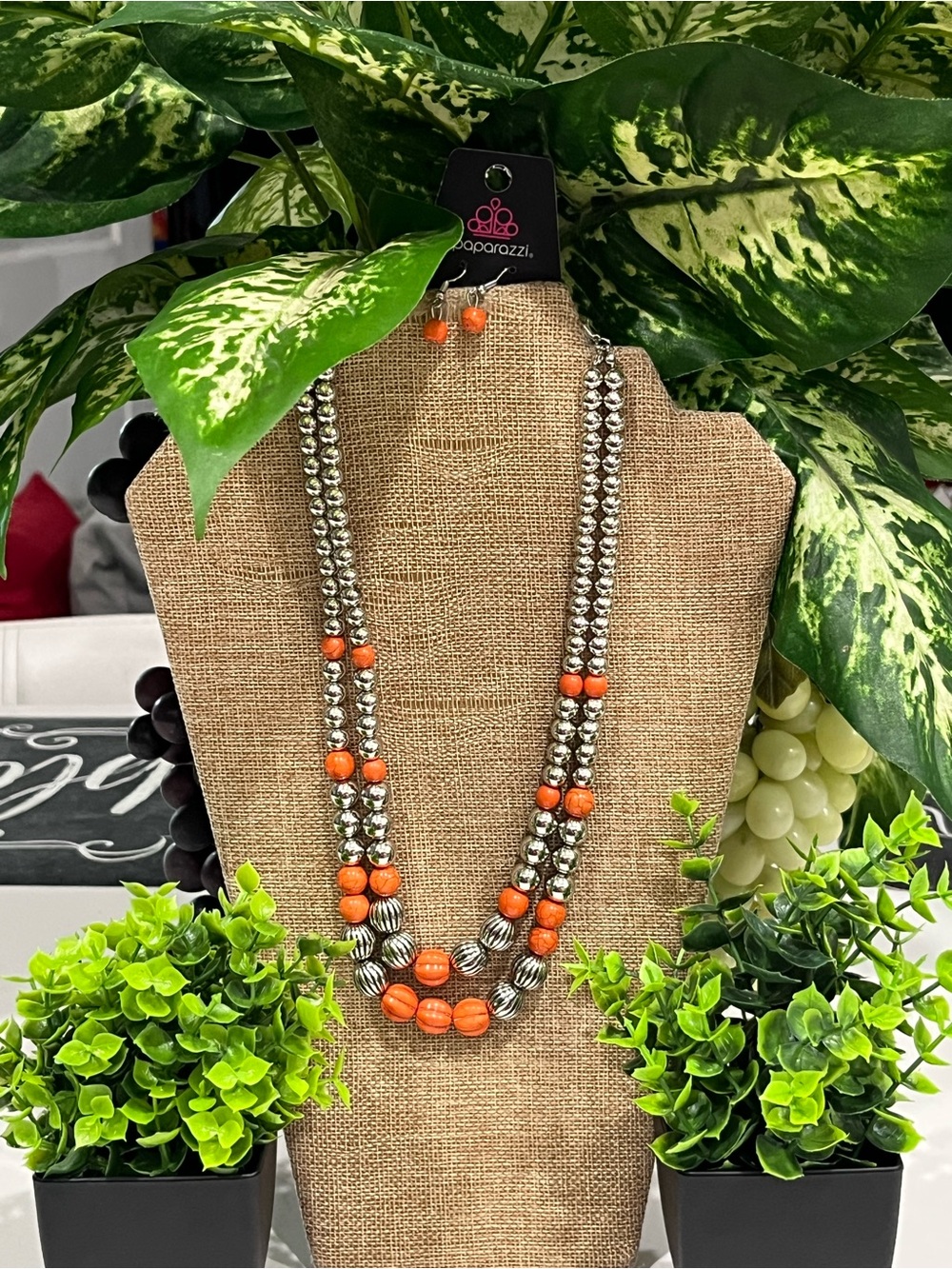Paparazzi Orange and Silver Layered Bead Necklace